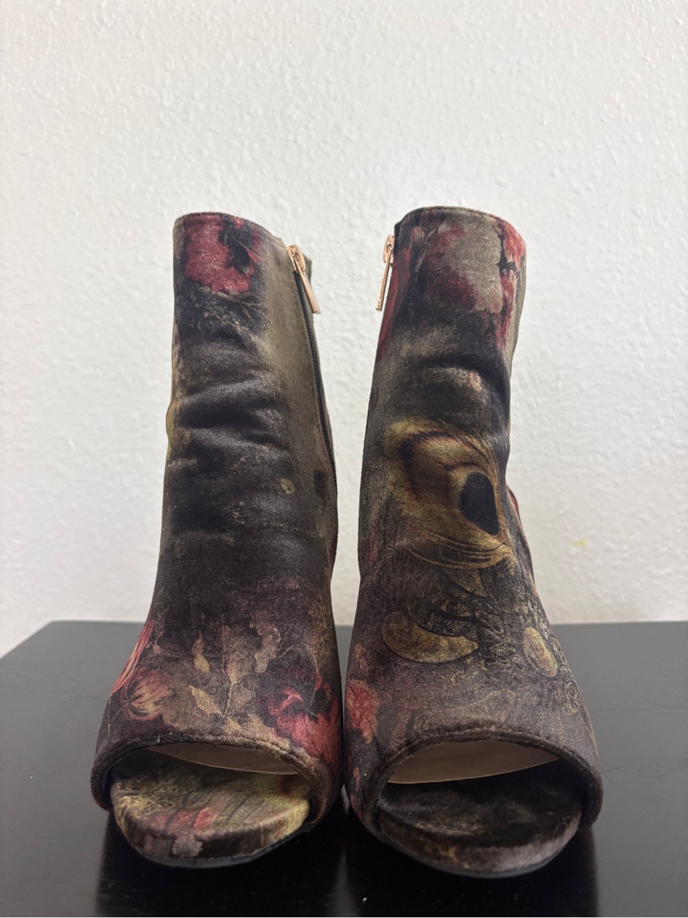 Floral Velvet Peep-Toe Ankle Boots - Multicolor